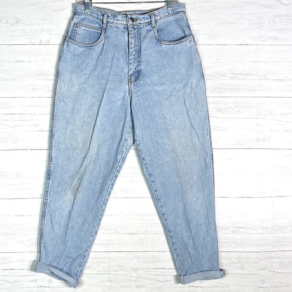 Vintage 90s Bill Blass Light Wash High Rise Tapered Leg Mom Jeans Waist 30”